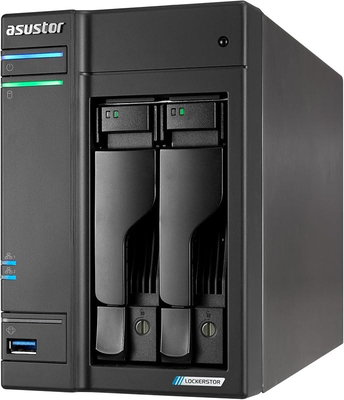 Asustor Lockerstor 2 Gen2+ AS6702T v2 2 Bay NAS, Intel Quad-Core CPU, Dual 5GbE Ports, 4GB DDR4, 4 M.2 SSD Slots