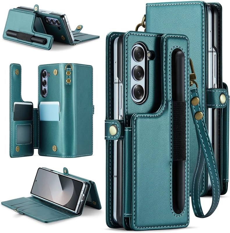 Asuwish Phone Case for Samsung Galaxy Z Fold 6 5G 2024 Wallet Cover with S Pen SPen Slot Wrist Strap RFID Blocking