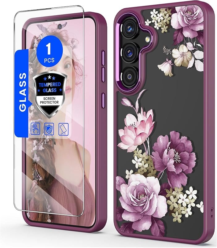 for Samsung Galaxy S25 FE Crystal Clear Floral Phone Case, Purple — case for samsung galaxy s25 case