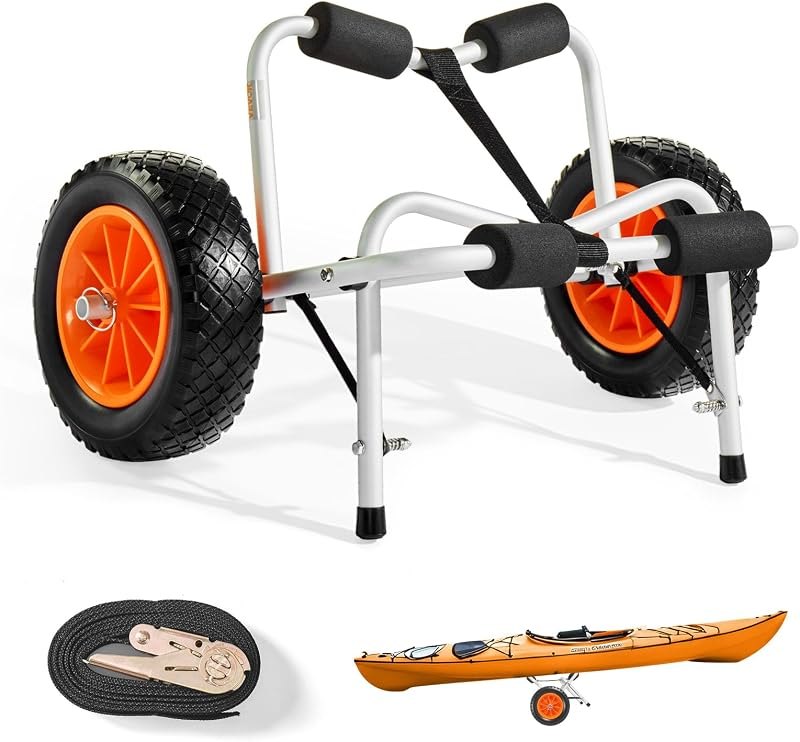 250 lbs Kayak Cart, Foldable Kayak Trolley with 10-inch Solid Rubber Tires & 1 Ratchet Strap, Paddle Board Trolley for