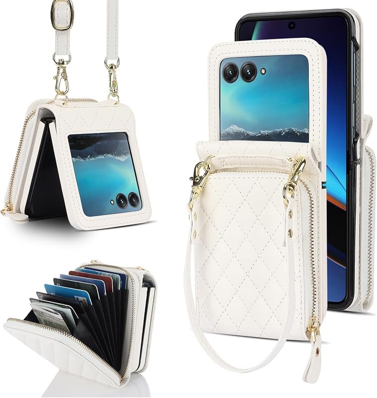 Phone Case for Motorola Razr Plus 2024/2025/Moto 50 Ultra Wallet Crossbody Lanyard Strap & Kickstand Hinge Protection