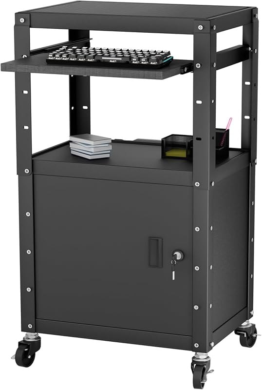 Mobile AV Cart with Cabinet, Rolling Computer Cart Height Adjustable Rolling Media Utility Cart with Extra Storage