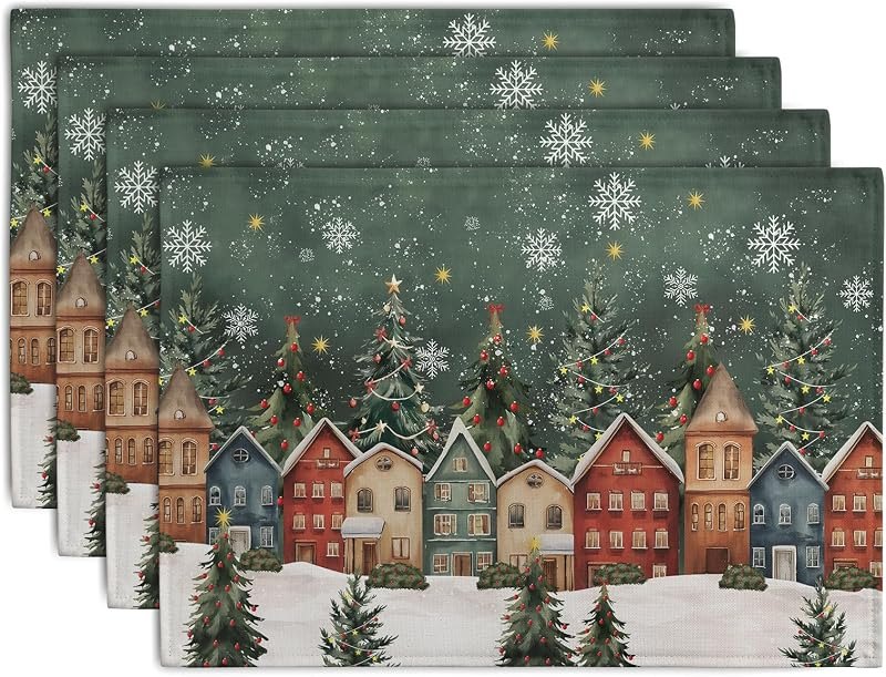 Christmas Placemats 12x18 Inch Set of 4, Winter Xmas Tree Wonderland Forest Village Town House Snowflake Linen Table
