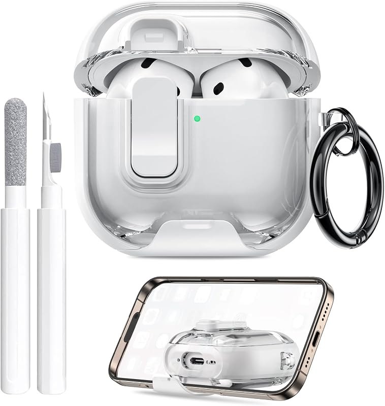 Maxjoy for AirPods 4 Case Clear with Lock Clid and Cleaner Kit,Soft TPU Clear Case with Bracket & Dustproof Design for