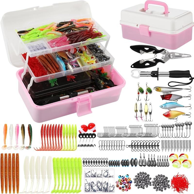 517 Pcs Large 3 Layers Fishing Lures Tackle Box Kit, Pink White — Tackle that does not rust in the tra for tackle does