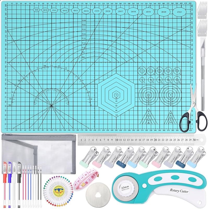 Rotary Cutting Mat and Tools Set, Audab 45mm Fabric Cropping Cutter Wheel with A3 Self Healing Sewing Mat, Blades