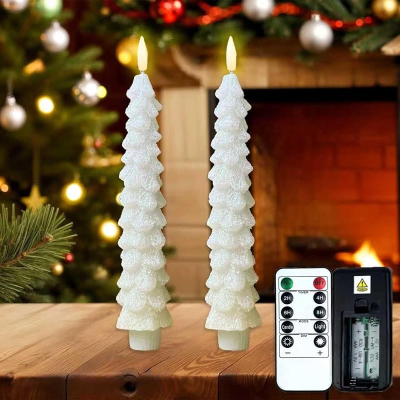 2 Pcs LED Christmas Tree Candles Covered in Snow with Remote Battery Operated Flameless White Candles Xmas Tree Shaped