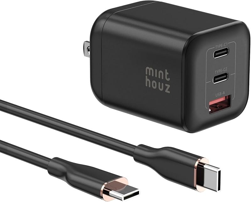 Minthouz 67W GaN Charger, 3-Port Fast Charging Power Adapter with Type-C & USB-A, for iPhone 17/16/15, iPad Pro