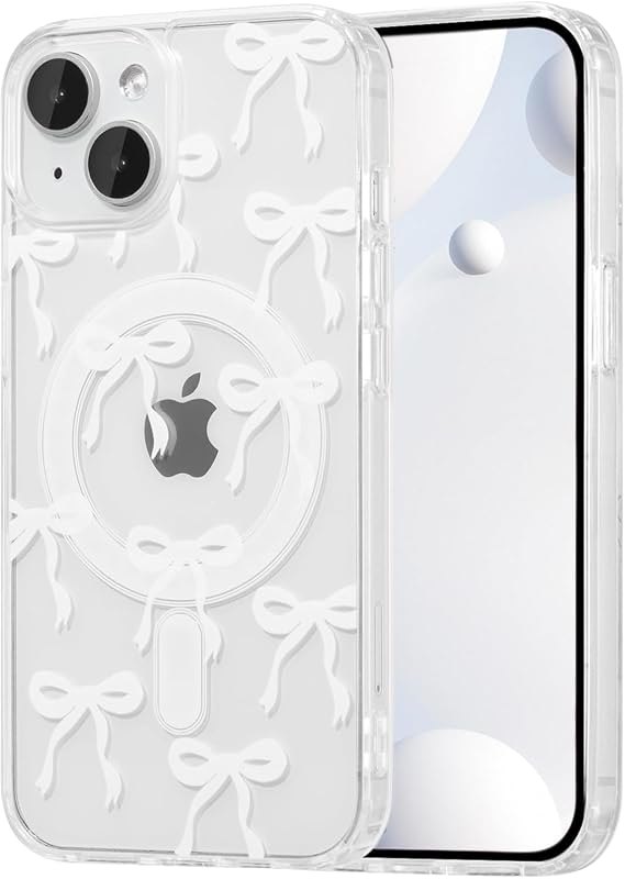Magnetic for iPhone 14/ iPhone 13 Case, Bow Case Compatible with MagSafe, Clear Transparent Ribbon Anti-Yellowing