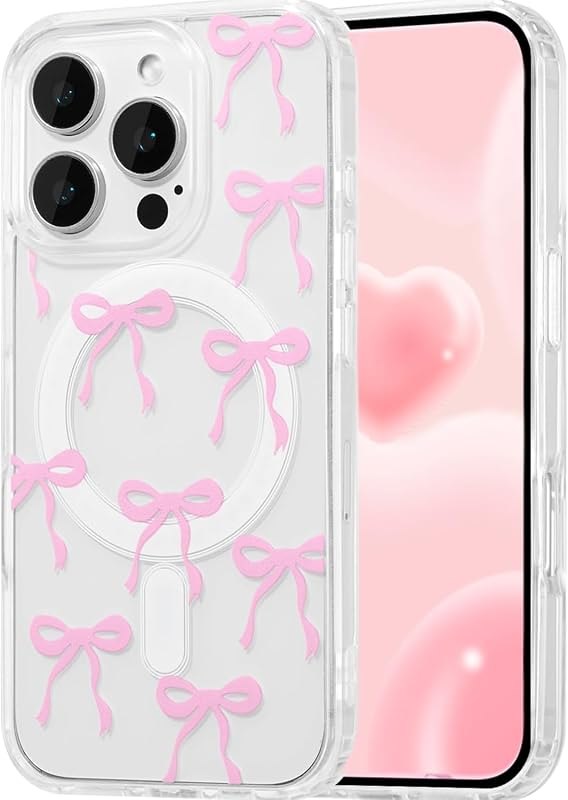 Magnetic for iPhone 16 Pro Case, Bow Case Compatible with MagSafe, Clear Transparent Ribbon Anti-Yellowing Shockproof