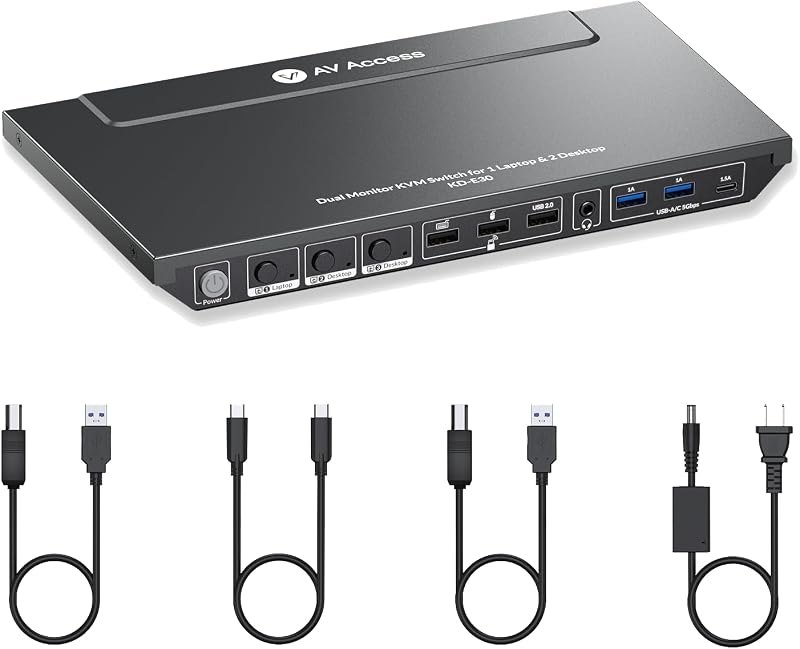 AV Access Docking Station KVM Switch 2 Monitors 1 Laptop & 2 Desktop PCs — Hubs, docks, SSDs, webcams, keyboard for