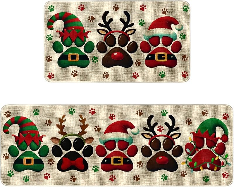 Christmas Kitchen Rugs Set of 2, Christmas Kitchen Decor, Winter Xmas Kitchen Mats for Floor,Holiday Decorations for