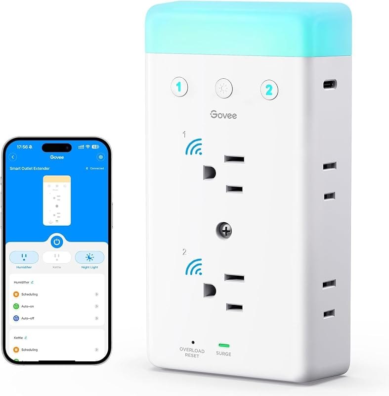 Govee Smart Plug Outlet Extender, 3-Sided Power Strips with RGB Night Light — Plugs, cameras, lights, and small ho for