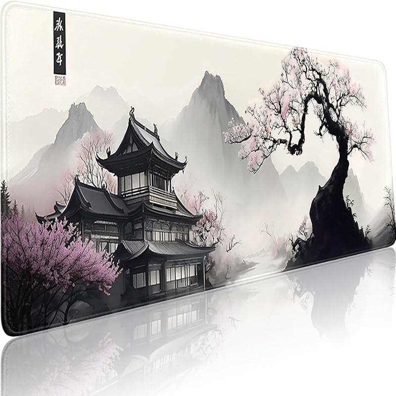 Watercolor Cherry Blossom Mouse Pad Gaming Mousepad Non-Slip Rubber Base Keyboard Pad Desk Mat for Home Office, 31.5 x