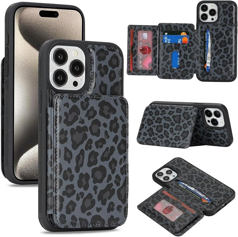 Cavor for iPhone 15 Pro Max Wallet Case with Card Holder, Black Leopard — wallet case for iphone pro accessories