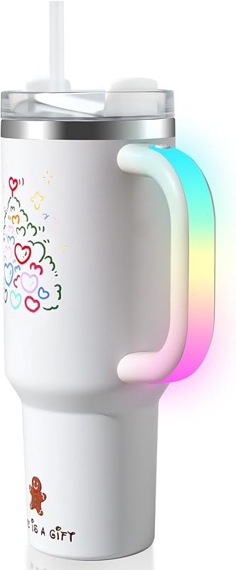 40oz Christmas Tumbler with Rechargeable LED Light-Up Handle - Stainless Steel Vacuum Insulated Cup with Lid & Straw -