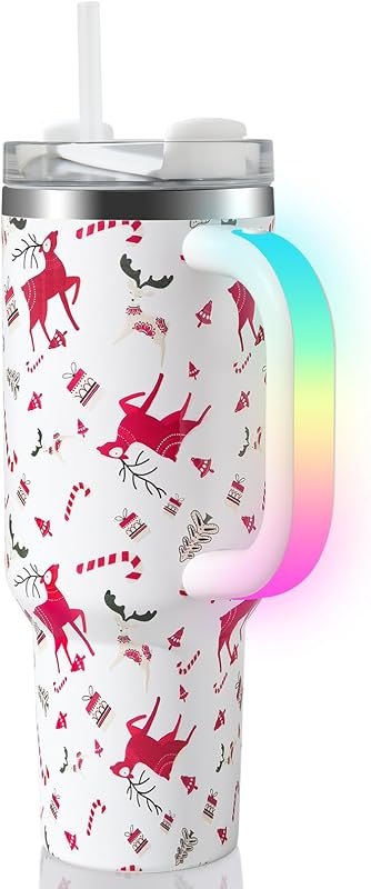 40oz Christmas Tumbler with Rechargeable LED Light-Up Handle - Stainless Steel Vacuum Insulated Cup with Lid & Straw -