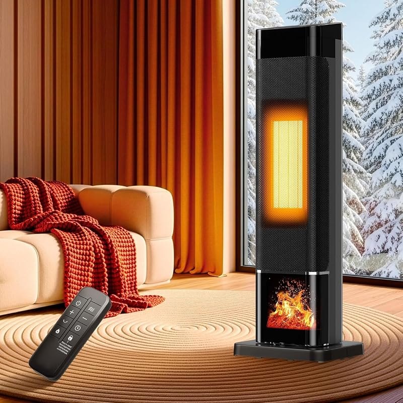 Space Heaters for Large Room, 18” Portable Heater with 120° Oscillation&Child Lock, 24H Timer, 3 Color 3D Flame