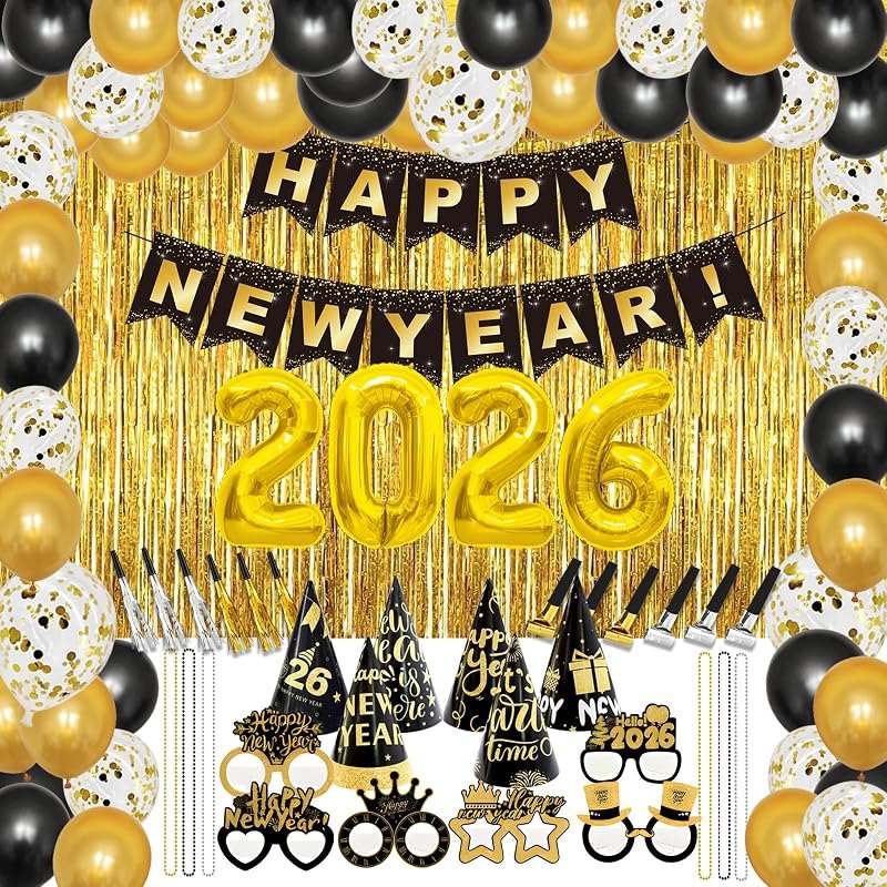 YQUQWN 67PCS New Years Decorations Kit 2026 New Years Foil Balloons Banner Hat Photo Props Necklace Glasses Gold Foil