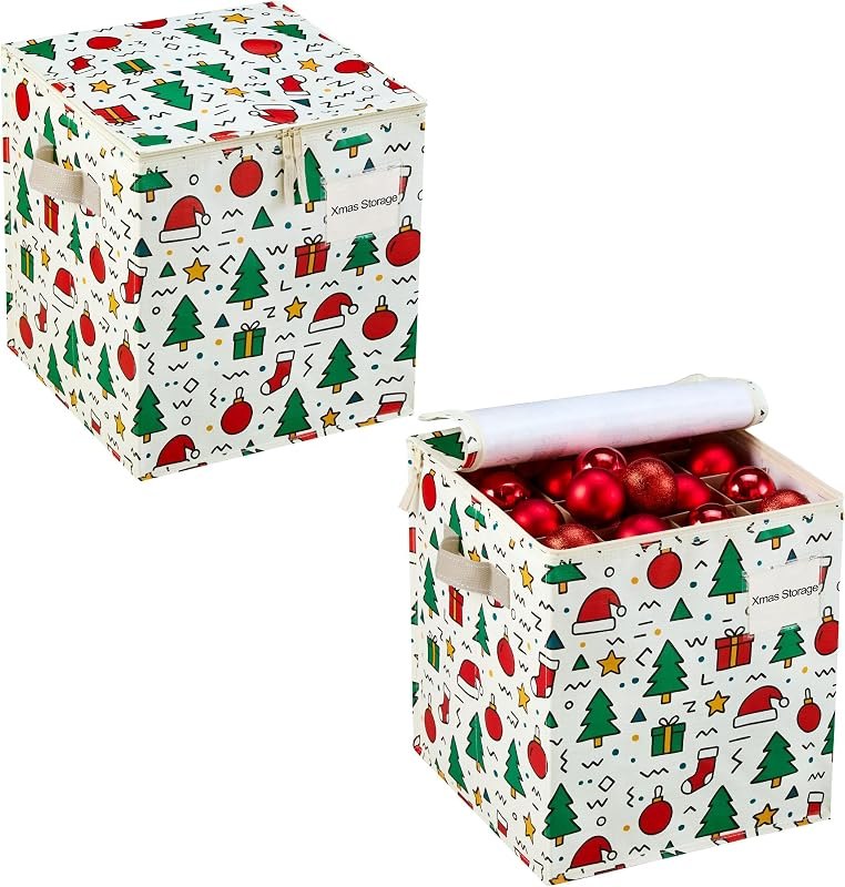 VENO 2 Pack Christmas Ornament Storage Box, Holiday Ornament Organizer with Adjustable Dividers, Sturdy Storage