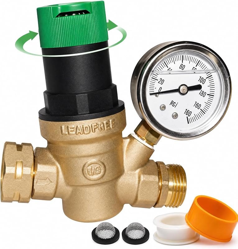 LIULO TOOL RV Water Pressure Regulator, Lead-Free Brass Adjustable Handle Pressure Regulator, Water Pressure Reducer