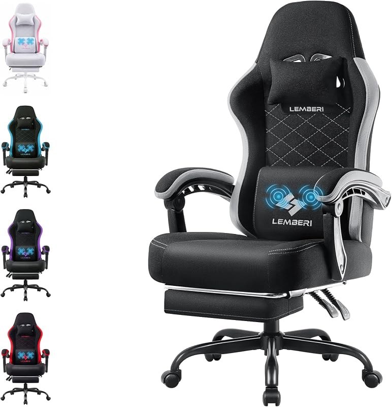 LEMBERI Gaming Chair, Fabric Big and Tall Video Game Chairs with Footrest, Massage Lumbar Support, Racing Style