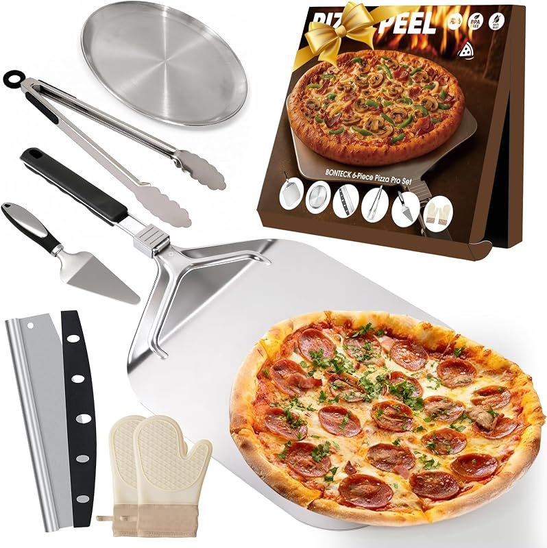 Bonteck Pizza Peel Aluminum Metal Pizza Spatula Kit — baking pizza stone for oven thermometer