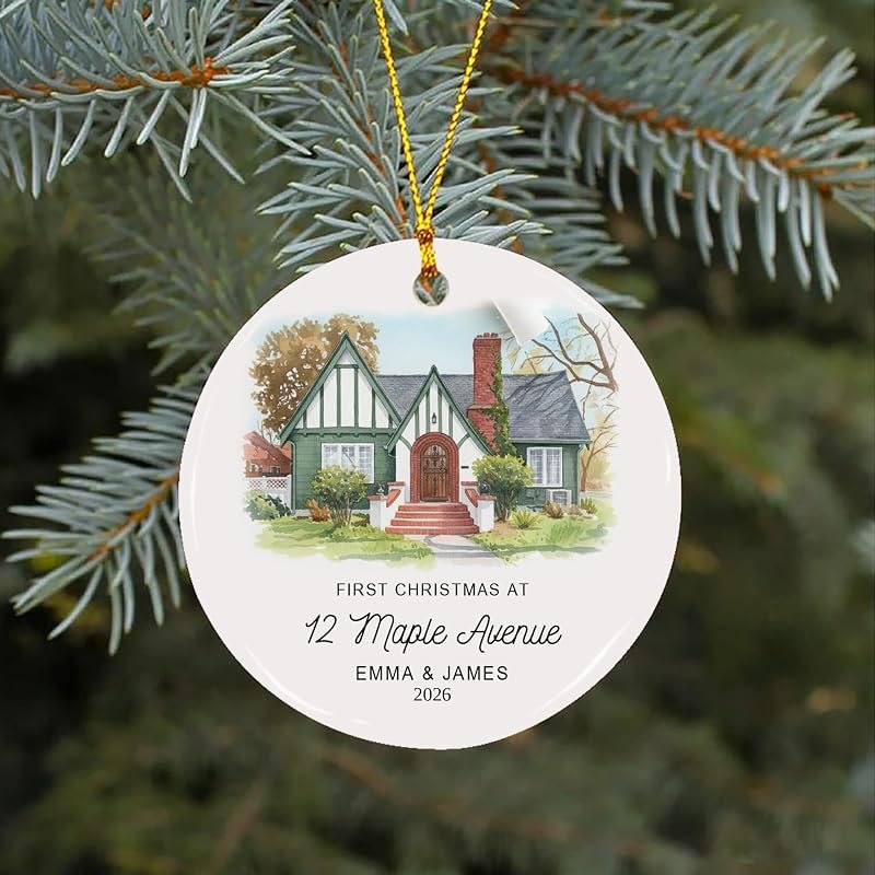 Noni Personalized New Home Christmas Ornament, Watercolor Photo Custom Ornament from Your House Photo, Family Name and