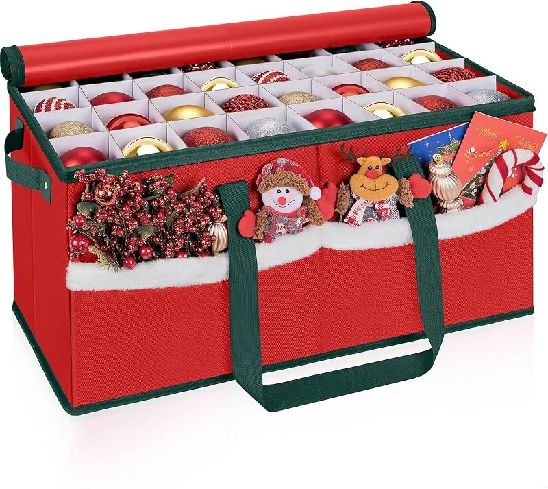 Christmas Ornament Storage Box with Adjustable Dividers Zippered Top Stores up to 128 Holiday Ornaments (3 Inch) Xmas