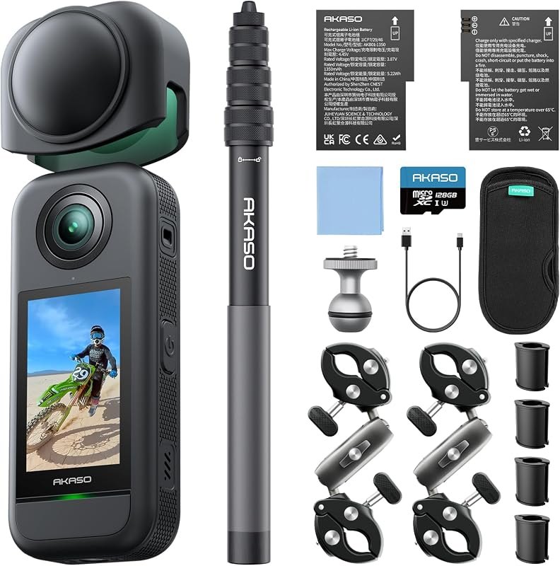 AKASO 360 Action Camera Motorcycle Combo- 5.7K 360 Video with 1/2" 48MP Sensors, 72MP 360 Photo, 360-SuperSmooth