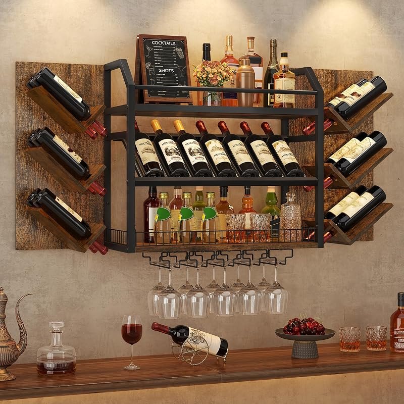 Hoctieon 48.6in Wall Mounted Wine Rack, 3 Tier Hanging Wine Racks with Glass Holder, Large Capacity Bar Shelves, Metal