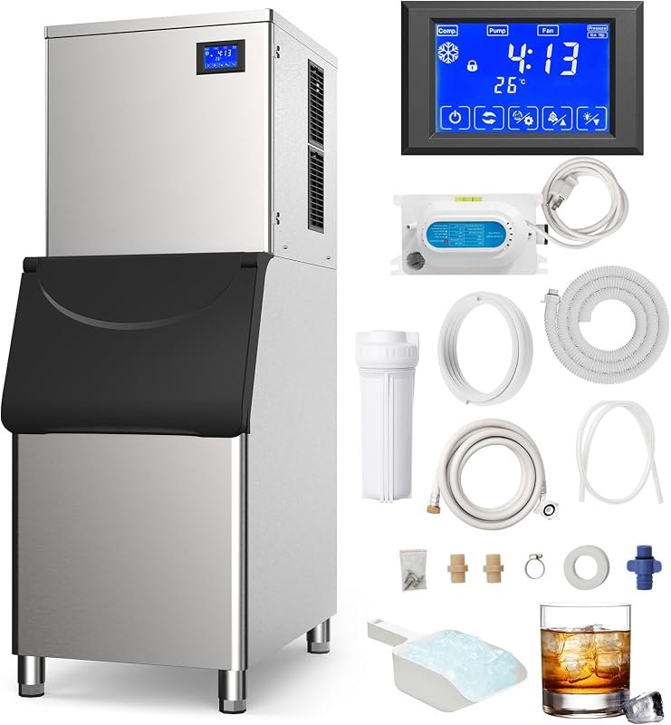 Commercial Ice Maker Machine610 Lbs/24H with 400LBS Large Storage Bin Ice Ready in Air Cooled Clear Cube Ice for Bar