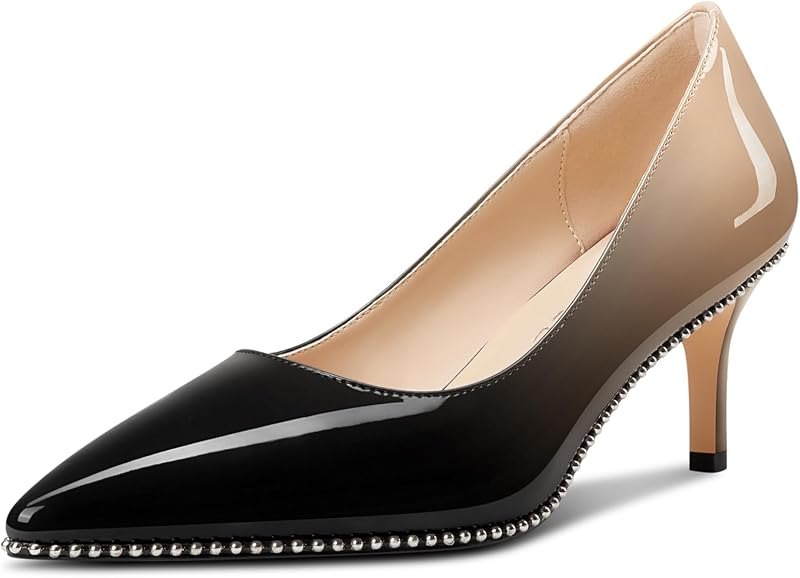 Womens Pointed Toe Patent Leather Pumps Mid Kitten Heel Slip-on Office Beaded Dress Shoes 2.5 Inches Heels — heels