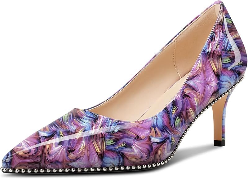 Womens Pointed Toe Patent Leather Pumps Mid Kitten Heel Slip-on Office Beaded Dress Shoes 2.5 Inches Heels — Heels and