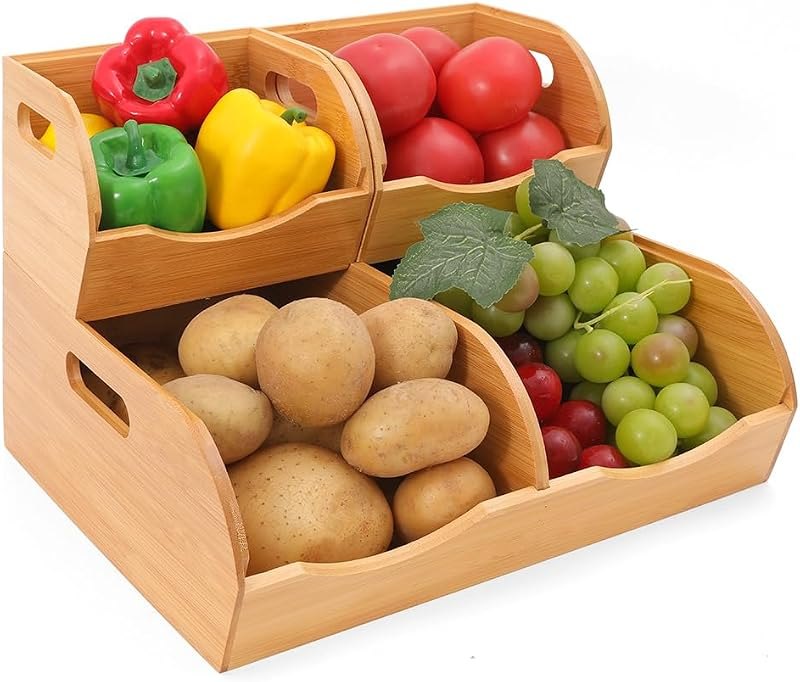 Stackable Bamboo Pantry Organizer - 3-Piece Storage Basket Set for Potato, Onion & Kitchen Cabinet, Tool-Free