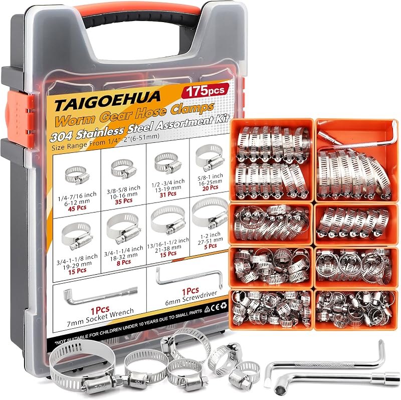 175PCS Stainless Steel Hose Clamps Assortment Kit, 304 Worm Gear Heavy Duty 1/4"-2"(6-51mm) Adjustable Clamps Set with