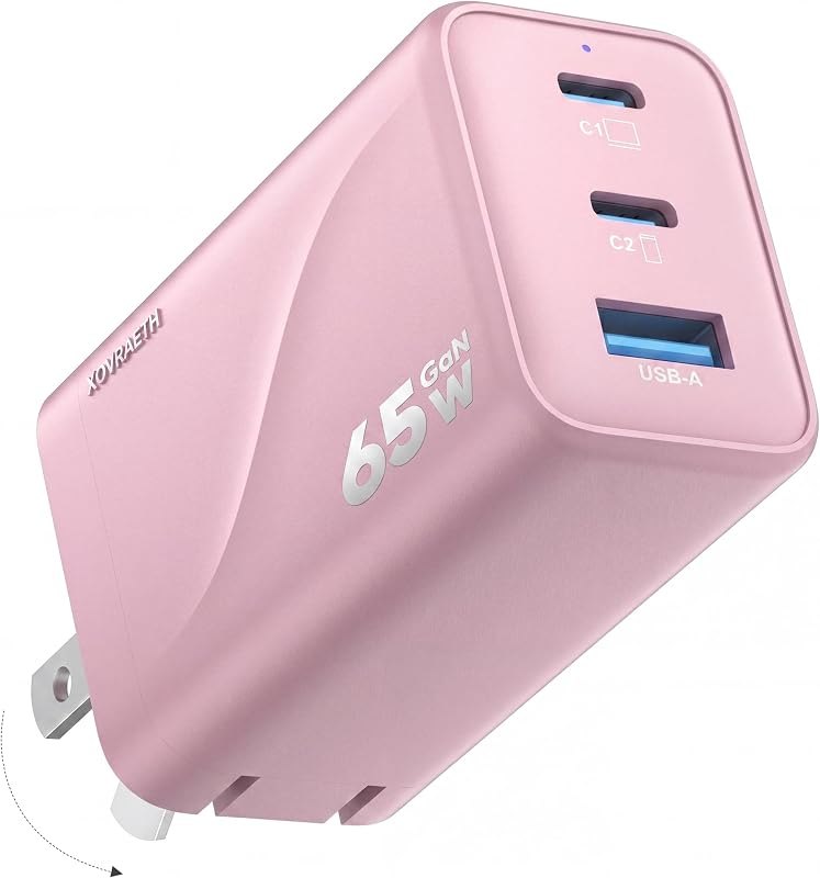 65W GaN USB C Wall Charger Block Pink, 3-Port Type C Fast Charger, Compact Foldable Power Adapter for iPhone 18/17/16