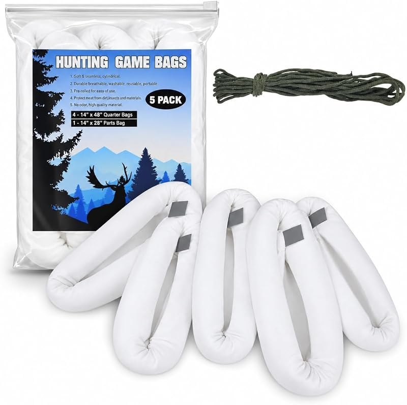 Game Bags Elk Hunting Meat Bags 5 Pack, 4 Pack 48" & 1 Pack 28" Stretchable and Reusable Rolled Heavy Duty Quarter