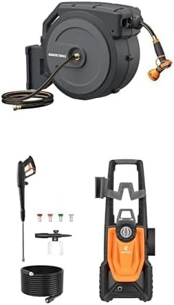 Bundle of Giraffe Tools AW40 Retractable Garden Hose Reel 5/8 inch x 90 ft Wall Mounted+Giraffe Tools Pressure Washer