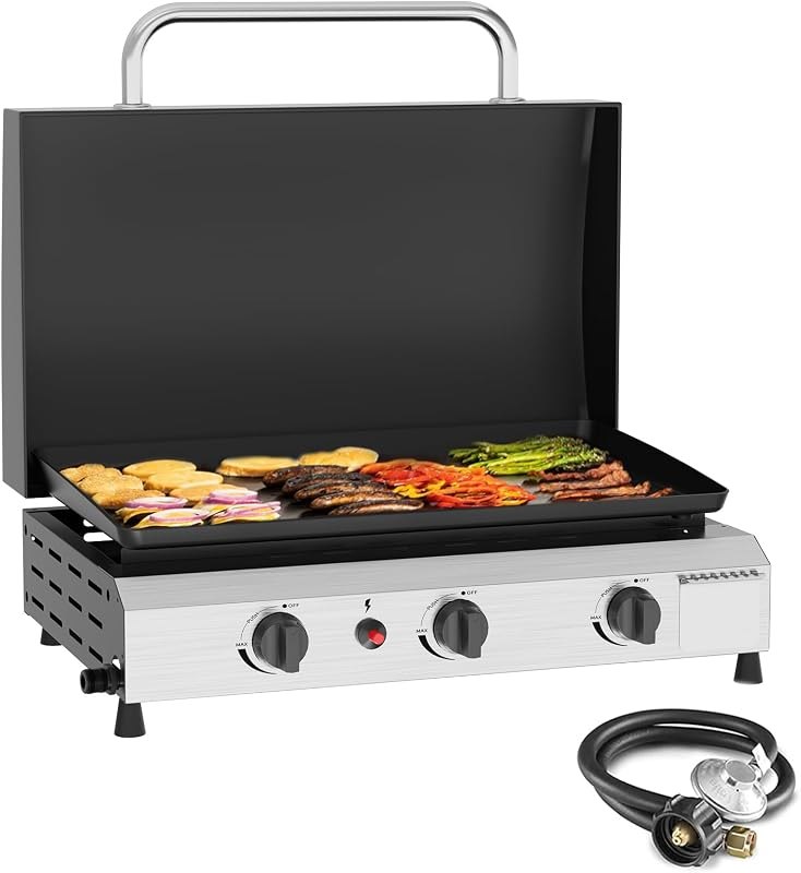 SKOK 3 Burner Gas Griddle with Hood- 23.3 Inch Outdoor Propane Griddle-45000 BTU Propane Fuelled, Portable Flat Top