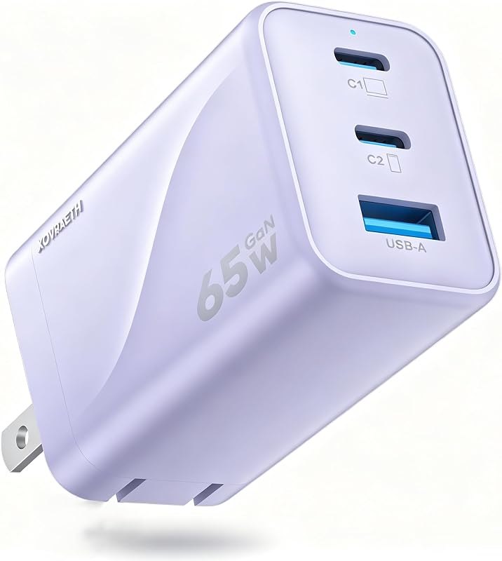 65W GaN USB C Wall Charger Block Purple 3-Port iPhone 17 16 15 Type C Charger Fast Charging Power Adapter Brick Cube