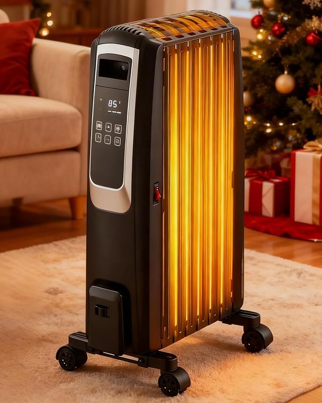 Oil Filled Radiator Heater, Electric Radiant Heaters for Indoor Use Large Room with Thermostat & Remote, Portable