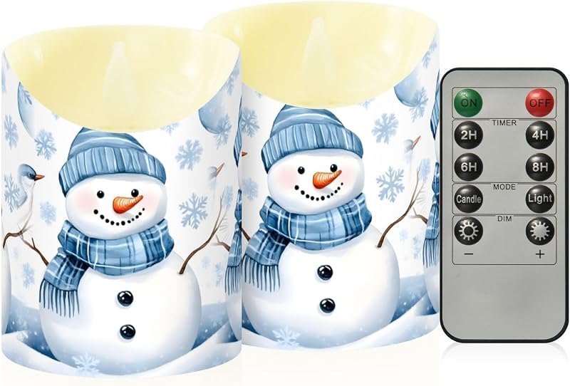 Outdoor Flameless Candles, Blue Snowman LED Candles, Battery Operated Candles with Remote and Timers, Electric Fake