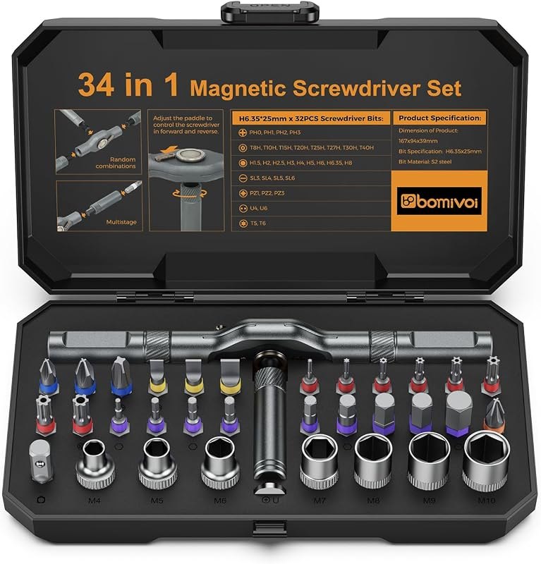 Bomivoi 34 in 1 Magnetic Screwdriver Set, Ratcheting Screwdriver Set with 1/4″ Socket Adapter, 24 Bits & 7 Hex