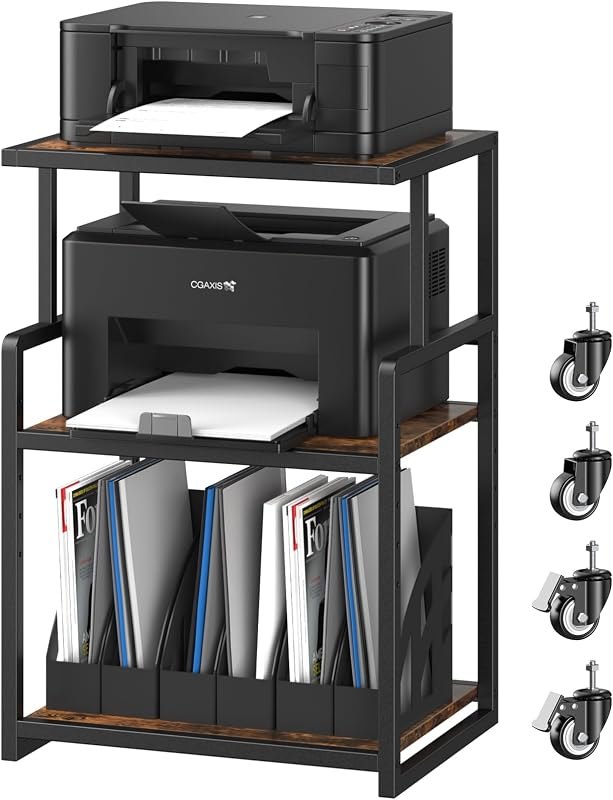 21.3 x 15.7 Inch Printer Stand, 5-Adjustable Heights 3 Tier Printer Cart with Wheels, Mobile Printer Table for Home