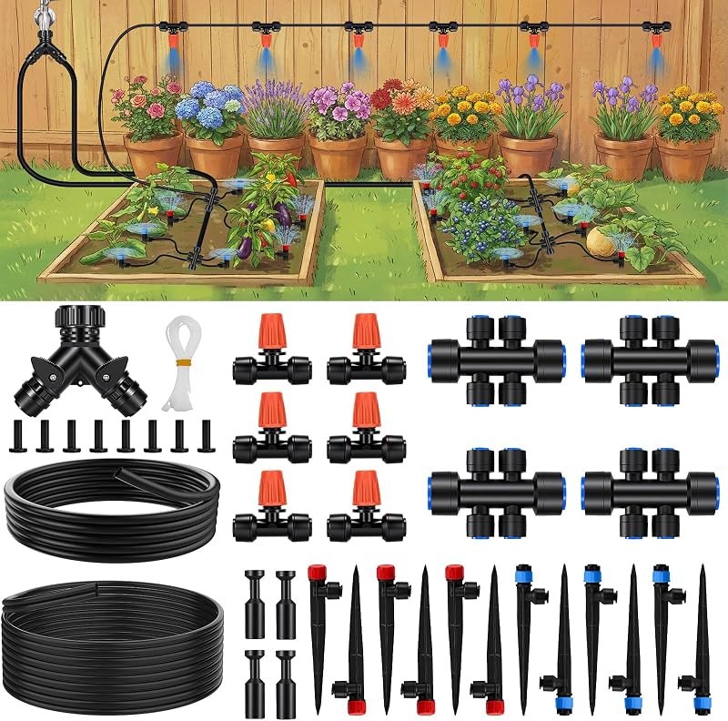160FT Quick-Connect Drip Irrigation System 30FT 2/5" & 130FT 1/4" Tubing, Drip Irrigation Kit with Adjustable Nozzles