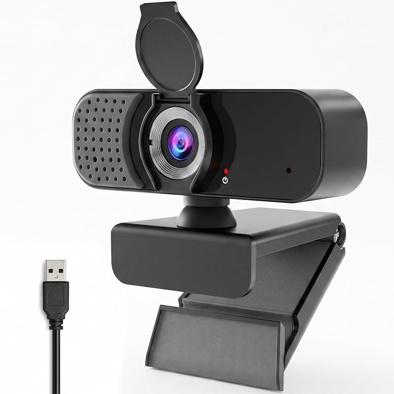 1080P Webcam with Microphone and Physical Privacy Cover, Noise Cancelling USB Web Camera, Auto Light Correction, Plug