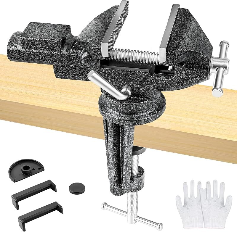 Bench Vise 3 Inch, Table Vise with Built-In Anvil and 360° Swivel Base — Clamps, discs, and scrapers. kit for clamps