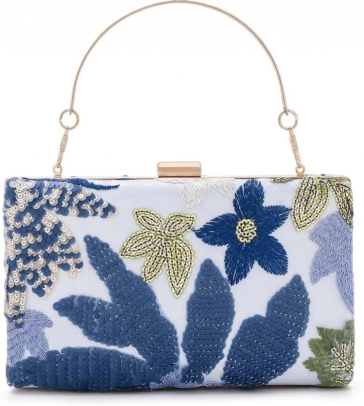 Embroidery Clutch Purses for Women Floral Sequin Evening Bag Formal Designer Handbags with Chain for Wedding, Party —