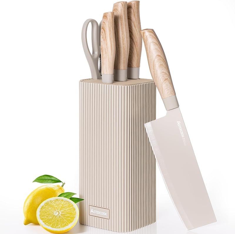 Astercook Knife Set, 6-Piece Kitchen Knife Set with Block, High Carbon Stainless Steel Ultra Sharp Kitchen Knives